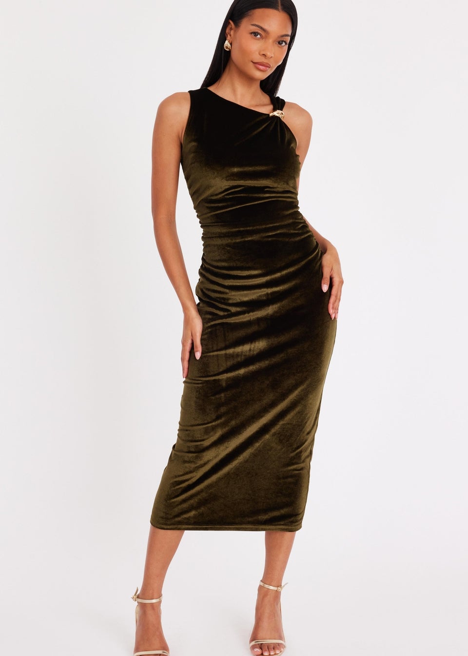 Quiz Green Velvet Asymmetric Midaxi Dress