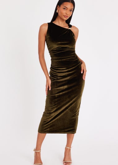 Quiz Green Velvet Asymmetric Midaxi Dress