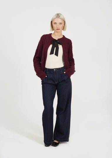 Brave Soul Burgundy Crew Neck Cable Knit Cardigan With Bow