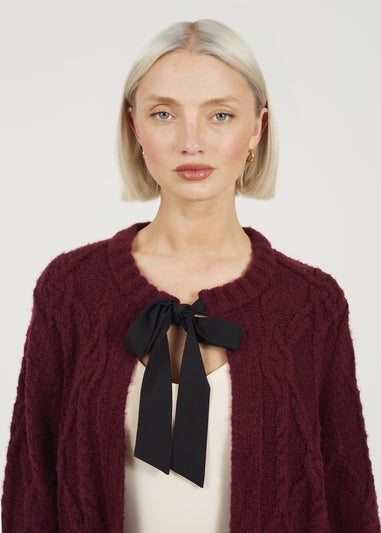 Brave Soul Burgundy Crew Neck Cable Knit Cardigan With Bow