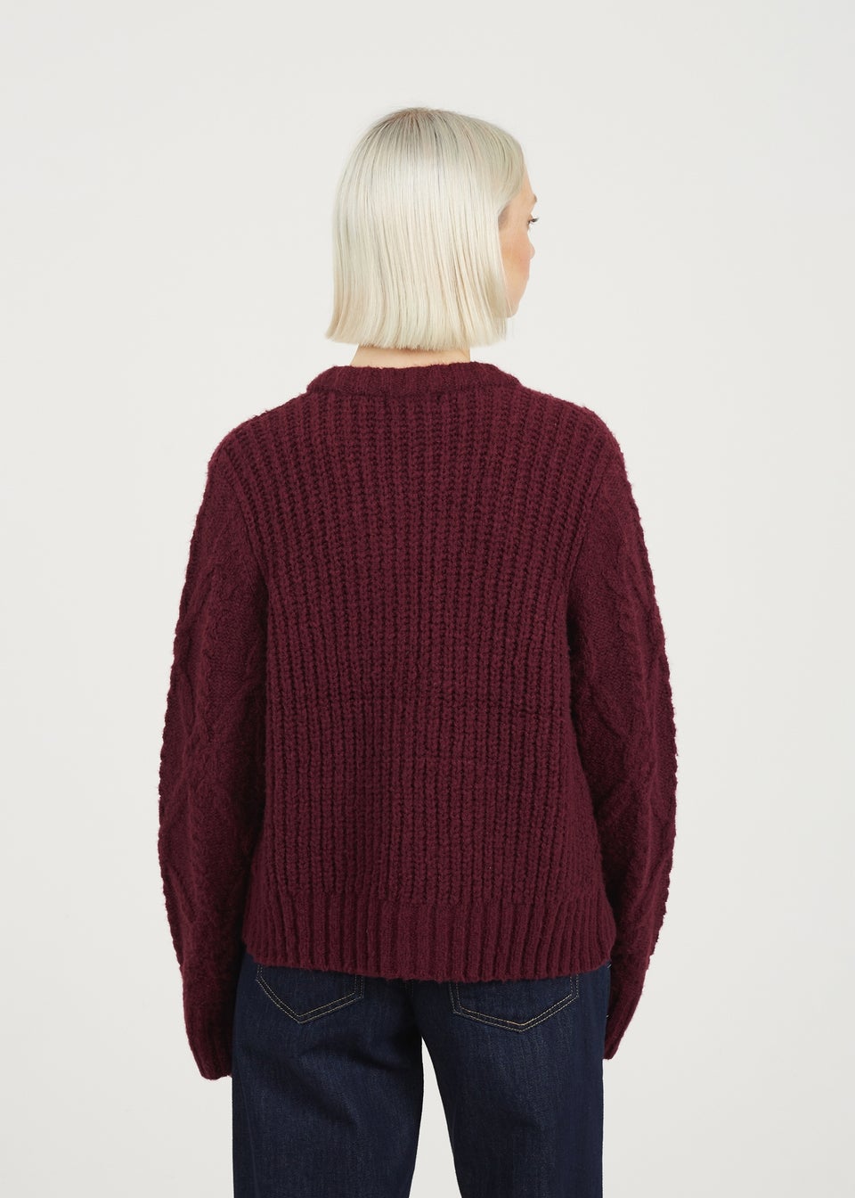 Brave Soul Burgundy Crew Neck Cable Knit Cardigan With Bow