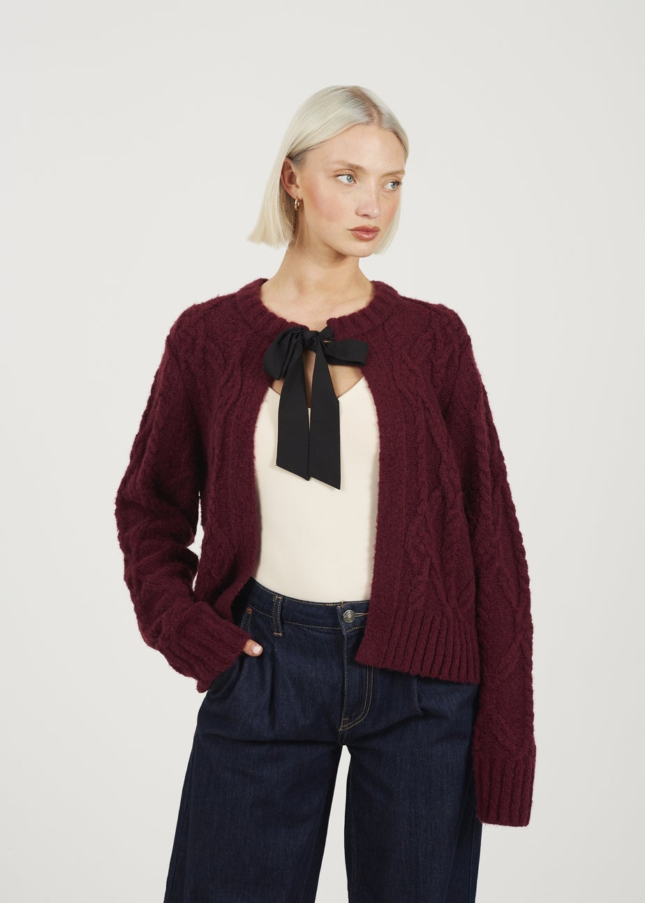 Brave Soul Burgundy Crew Neck Cable Knit Cardigan With Bow