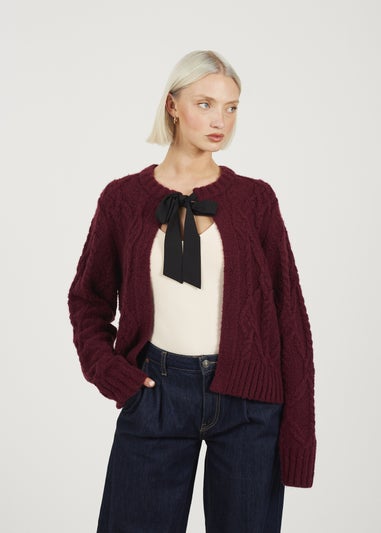 Brave Soul Burgundy Crew Neck Cable Knit Cardigan With Bow