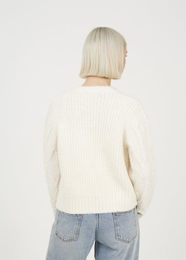 Brave Soul Cream Crew Neck Cable Knit Cardigan With Bow