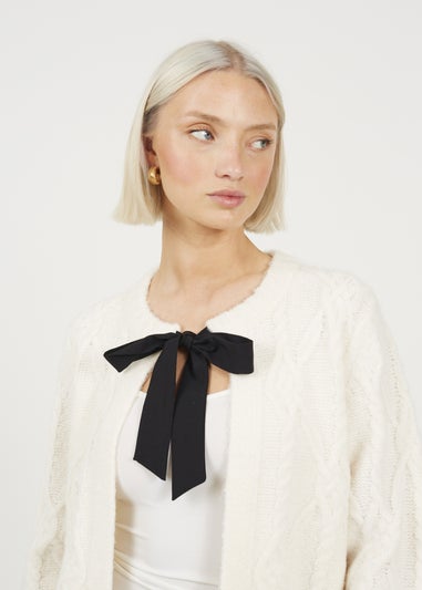 Brave Soul Cream Crew Neck Cable Knit Cardigan With Bow