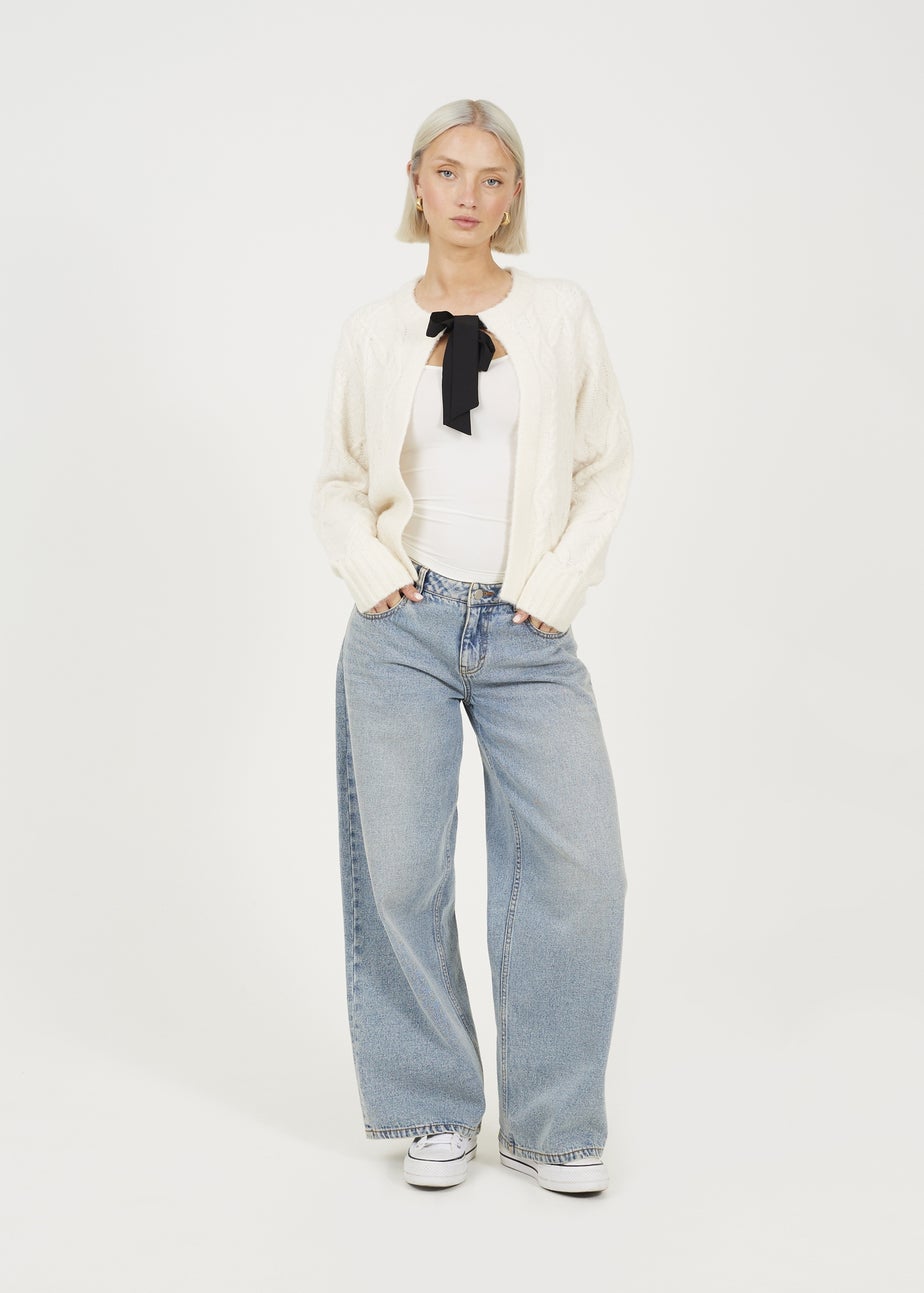 Brave Soul Cream Crew Neck Cable Knit Cardigan With Bow