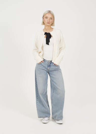 Brave Soul Cream Crew Neck Cable Knit Cardigan With Bow