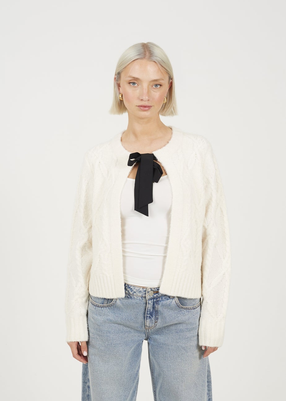 Brave Soul Cream Crew Neck Cable Knit Cardigan With Bow