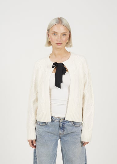 Brave Soul Cream Crew Neck Cable Knit Cardigan With Bow