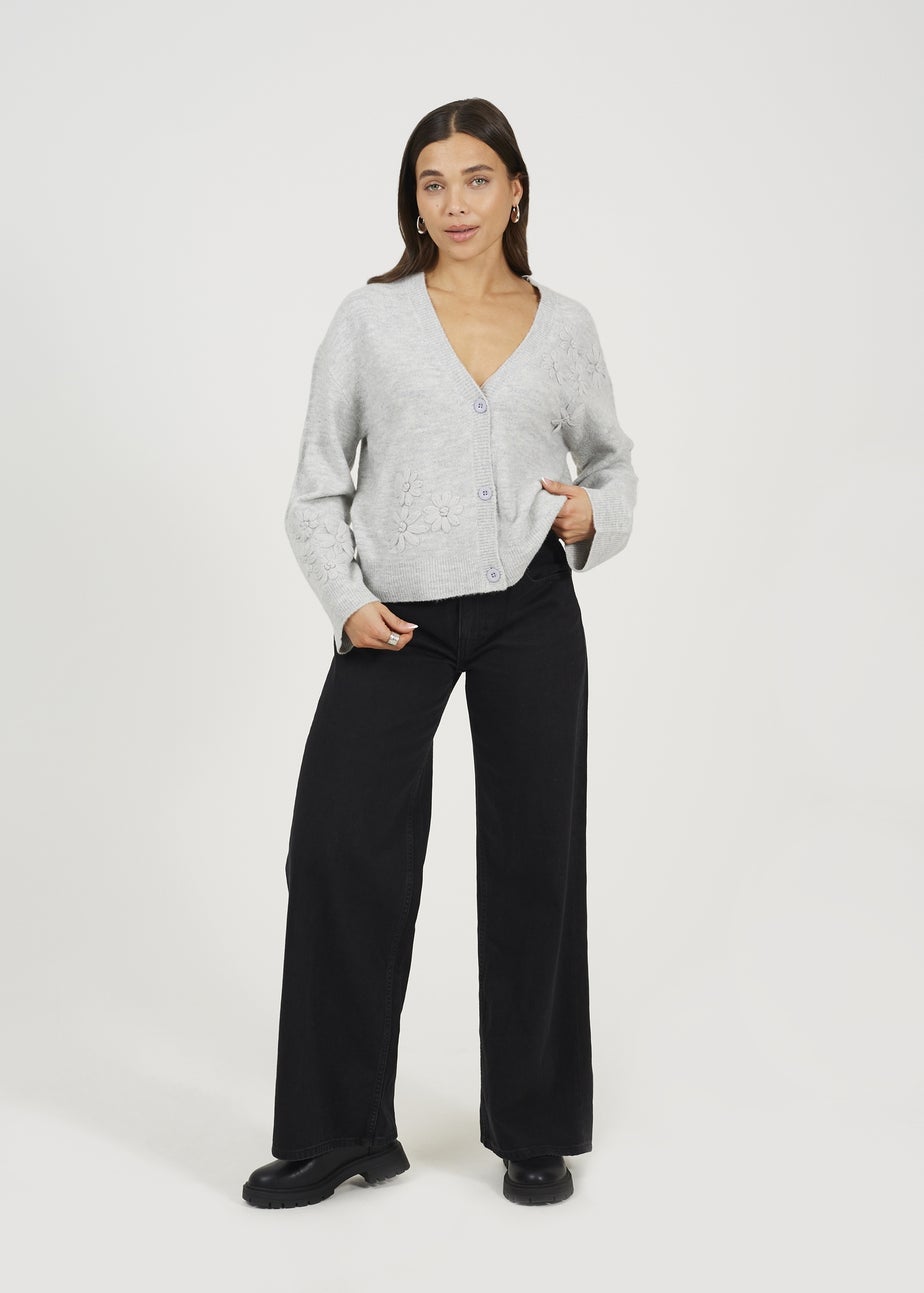 Brave Soul Light Grey Floral Embroidery V-Neck Cardigan