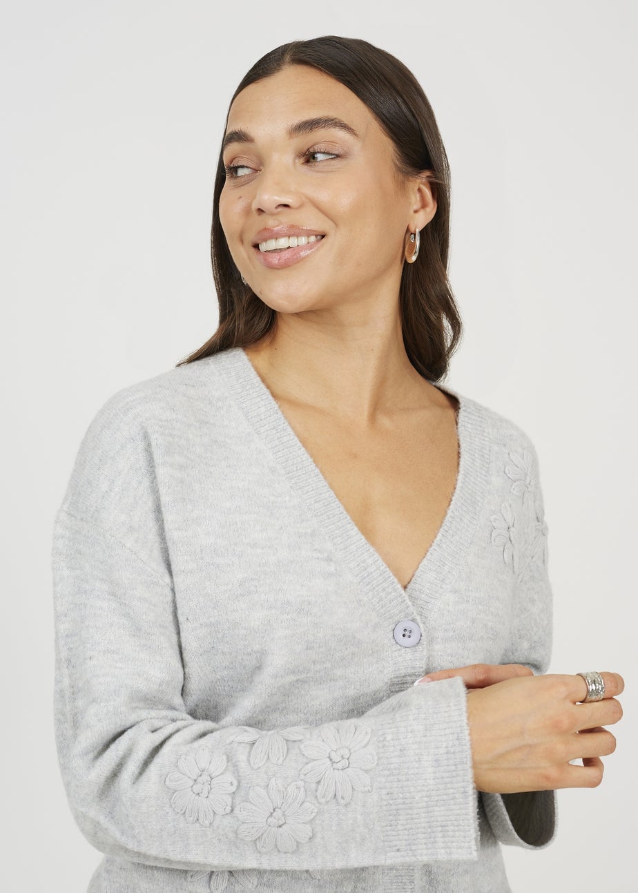 Brave Soul Light Grey Floral Embroidery V-Neck Cardigan