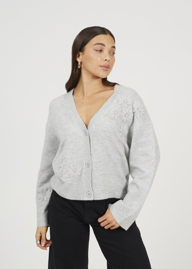 Brave Soul Light Grey Floral Embroidery V-Neck Cardigan