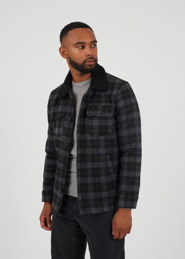 Brave Soul Black Checked Jacket With Sherpa Collar