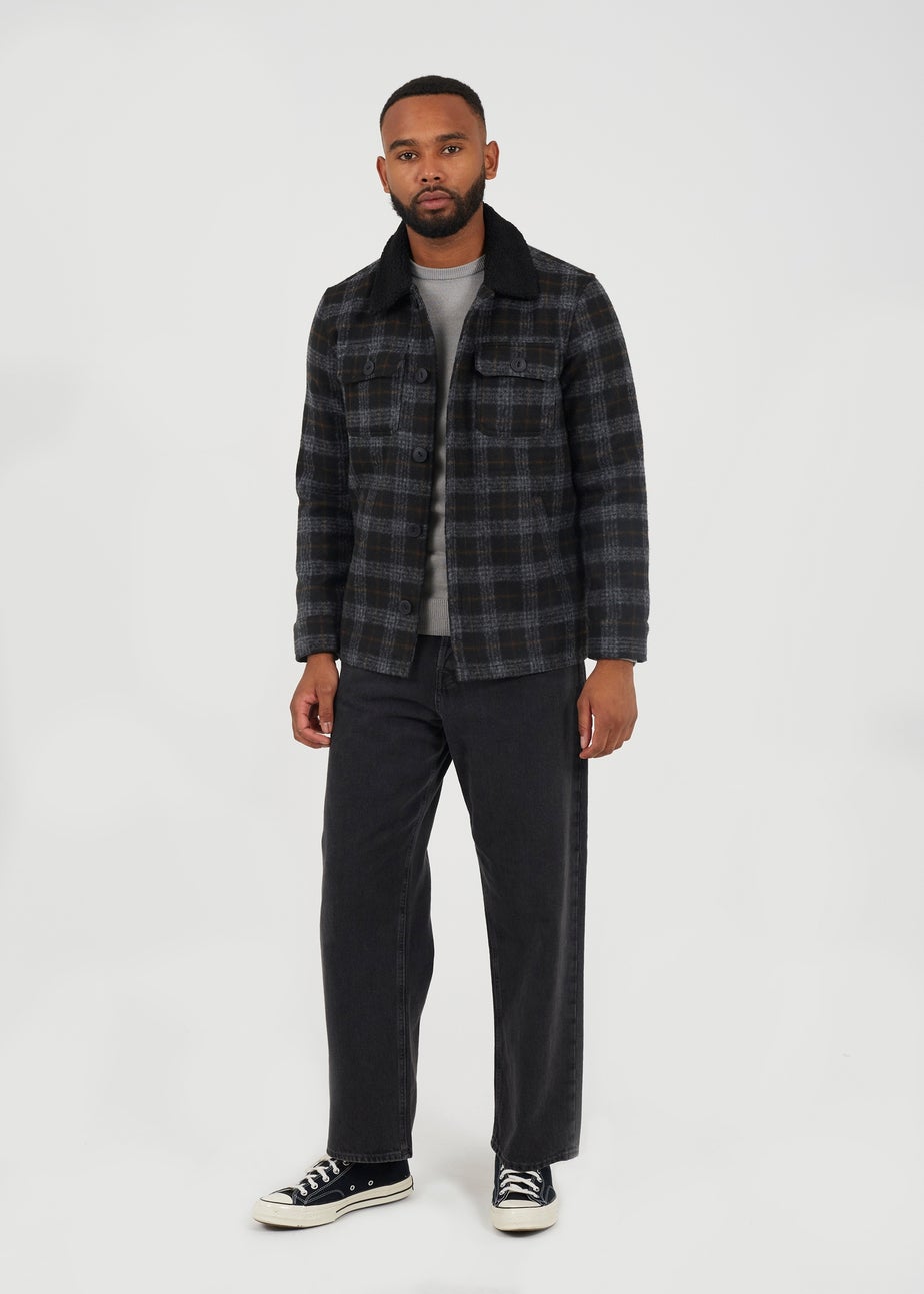 Brave Soul Black Checked Jacket With Sherpa Collar