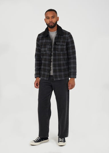 Brave Soul Black Checked Jacket With Sherpa Collar