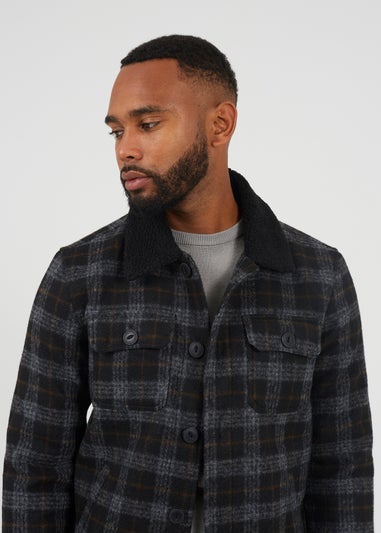 Brave Soul Black Checked Jacket With Sherpa Collar
