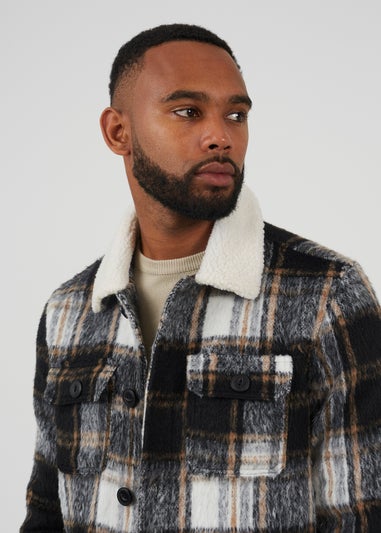 Brave Soul Black Brushed Check Jacket With Sherpa Collar