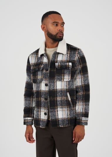 Brave Soul Black Brushed Check Jacket With Sherpa Collar