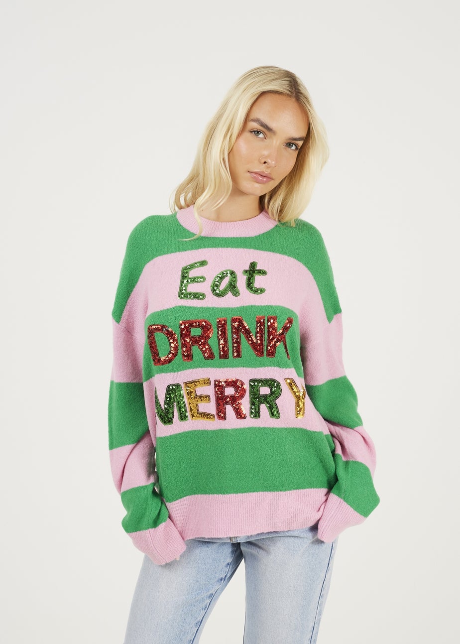 Brave Soul Green Sequin Slogan Christmas Jumper