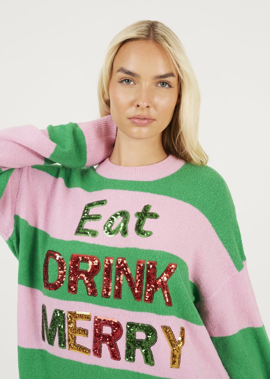 Brave Soul Green Sequin Slogan Christmas Jumper