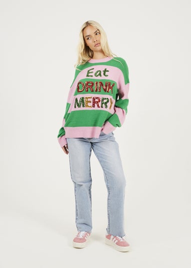 Brave Soul Green Sequin Slogan Christmas Jumper