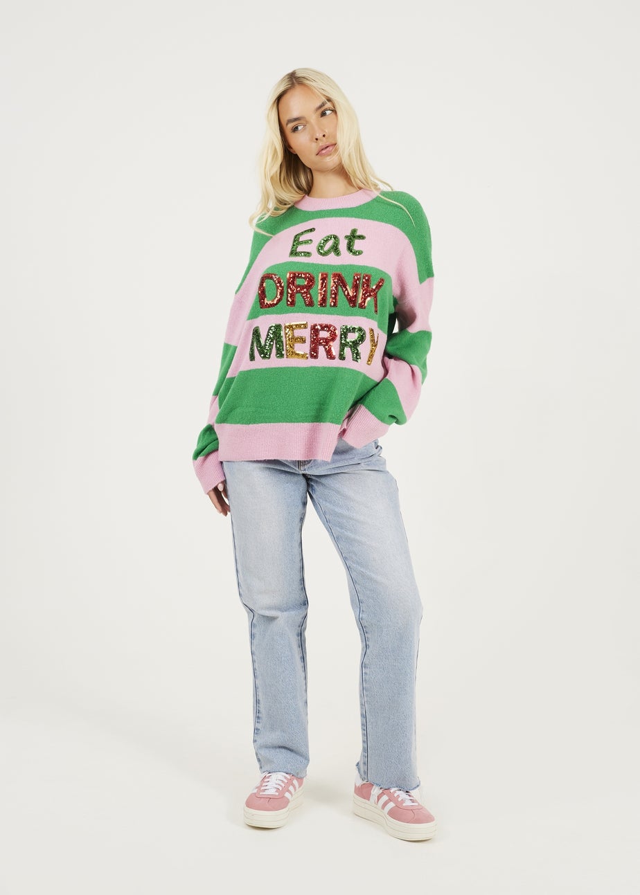 Brave Soul Green Sequin Slogan Christmas Jumper