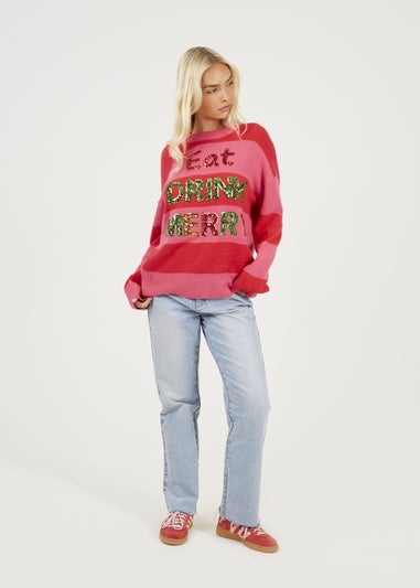 Brave Soul Red Sequin Slogan Christmas Jumper