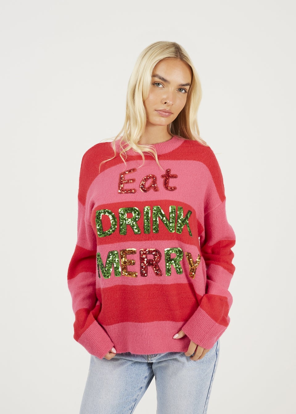 Brave Soul Red Sequin Slogan Christmas Jumper