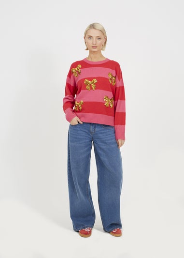 Brave Soul Red Stripe Sequin Detail Christmas Jumper