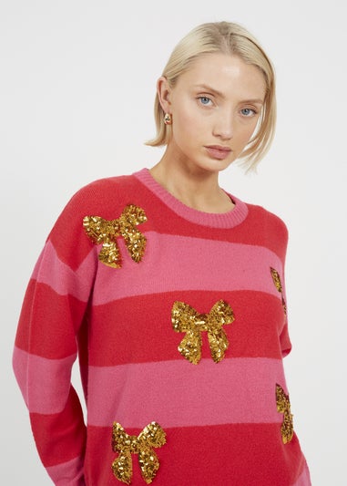Brave Soul Red Stripe Sequin Detail Christmas Jumper