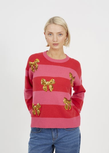 Brave Soul Red Stripe Sequin Detail Christmas Jumper