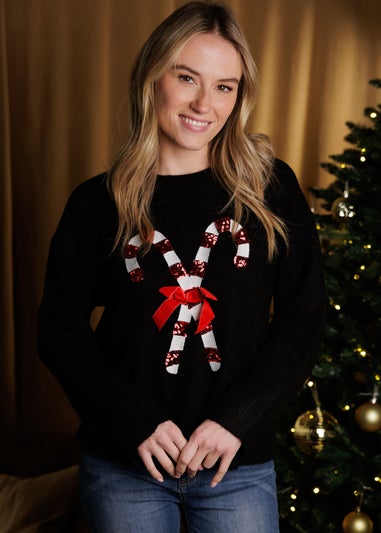 Brave Soul Black Crew Neck Sequin Graphic Christmas Jumper