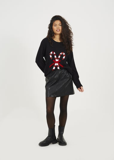 Brave Soul Black Crew Neck Sequin Graphic Christmas Jumper