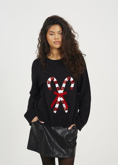 Brave Soul Black Crew Neck Sequin Graphic Christmas Jumper