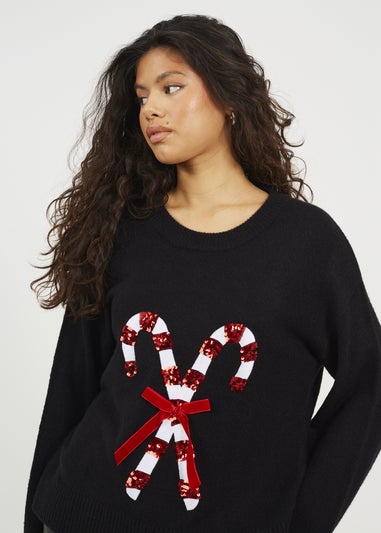 Brave Soul Black Crew Neck Sequin Graphic Christmas Jumper
