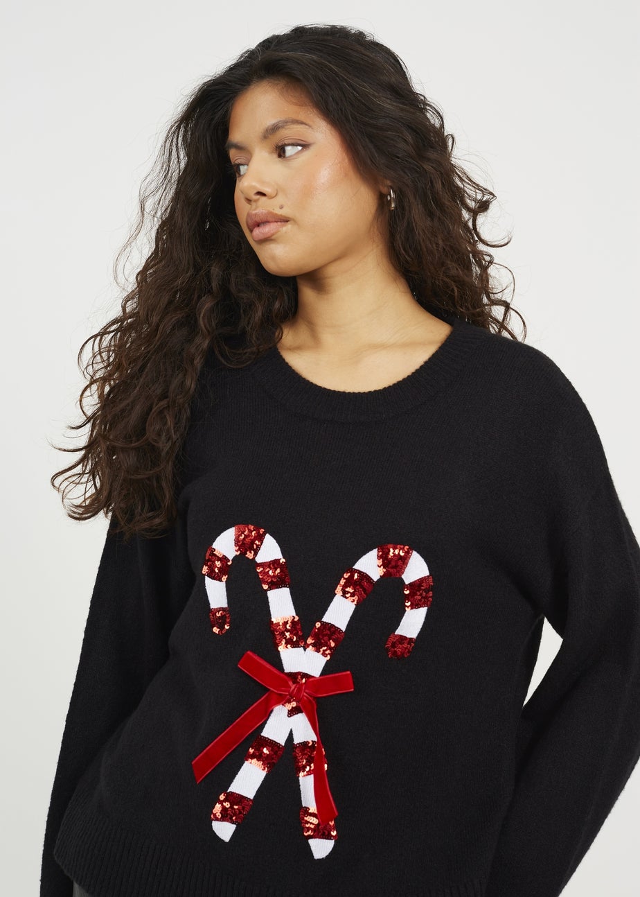 Brave Soul Black Crew Neck Sequin Graphic Christmas Jumper