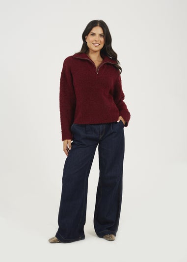Brave Soul Burgundy Boucle Yarn Jumper With Zip Neck