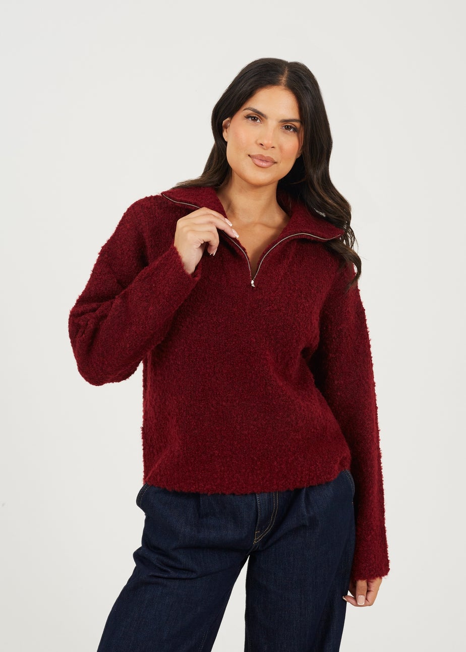 Brave Soul Burgundy Boucle Yarn Jumper With Zip Neck