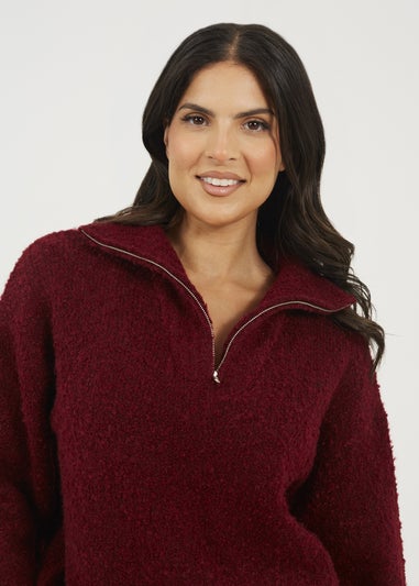 Brave Soul Burgundy Boucle Yarn Jumper With Zip Neck