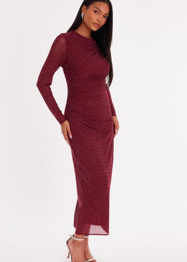 Quiz Burgundy Mesh Diamante Midaxi Dress