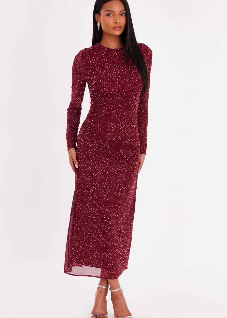 Quiz Burgundy Mesh Diamante Midaxi Dress