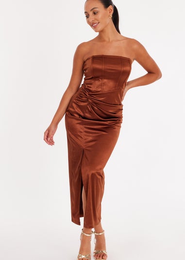 Quiz Brown Petite Satin Corset Midaxi Dress