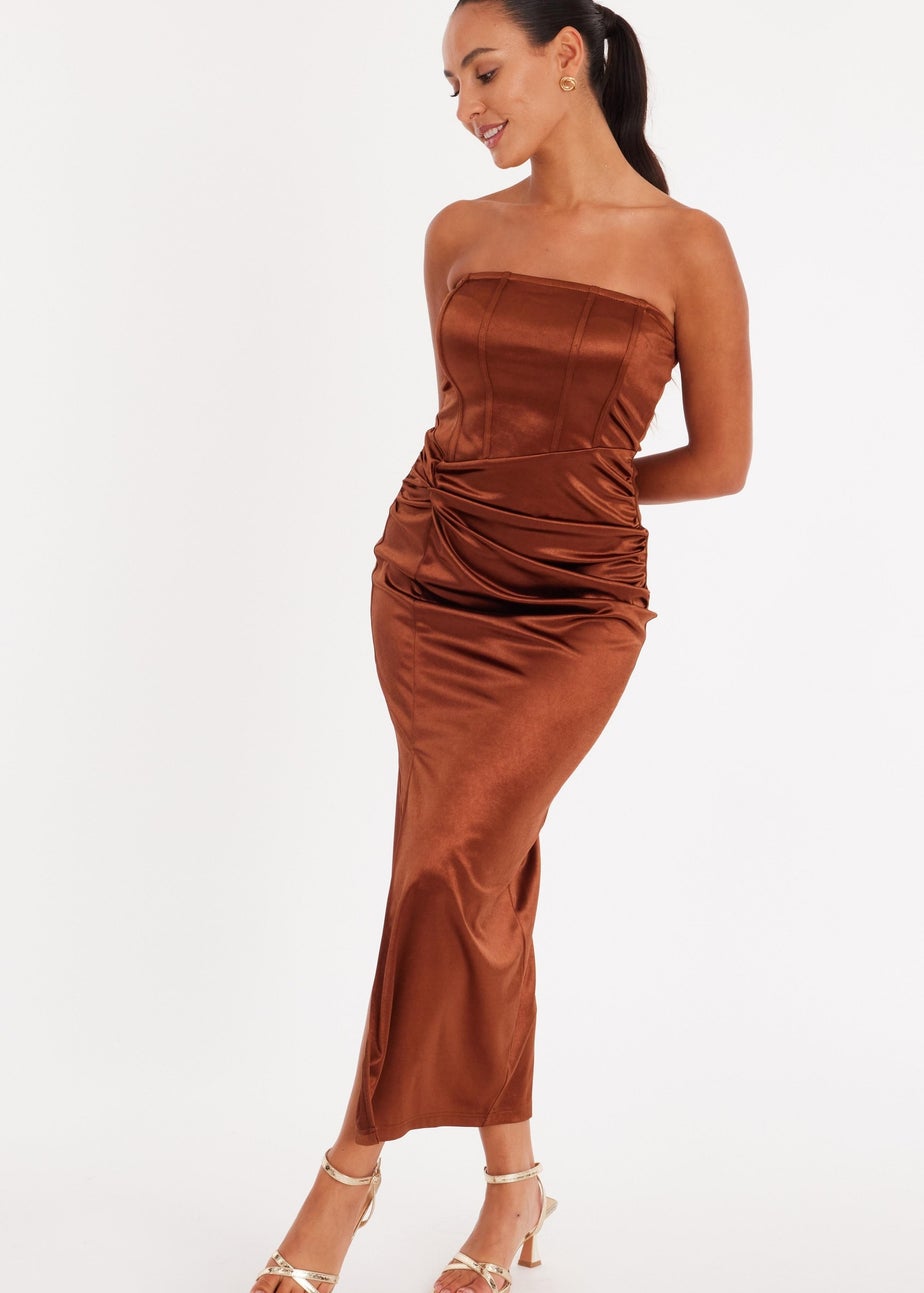 Quiz Brown Petite Satin Corset Midaxi Dress