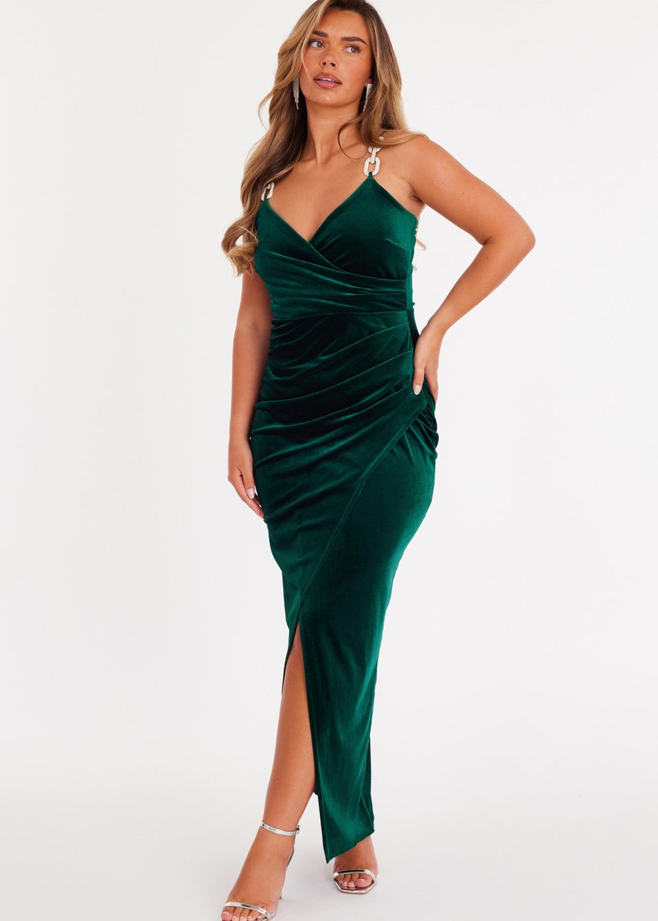 Quiz Green Velvet Chain Strap Maxi Dress