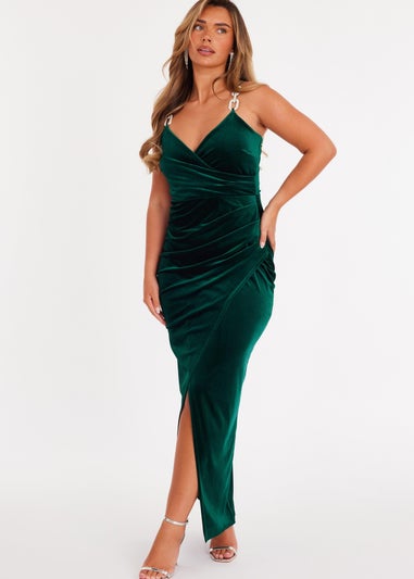 Quiz Green Velvet Chain Strap Maxi Dress