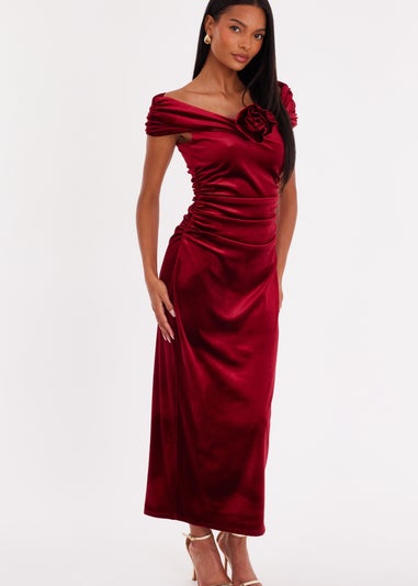 Quiz Burgundy Velvet Corsage Midi Dress