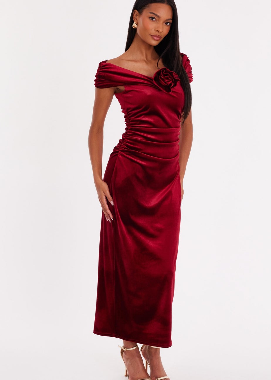 Quiz Burgundy Velvet Corsage Midi Dress