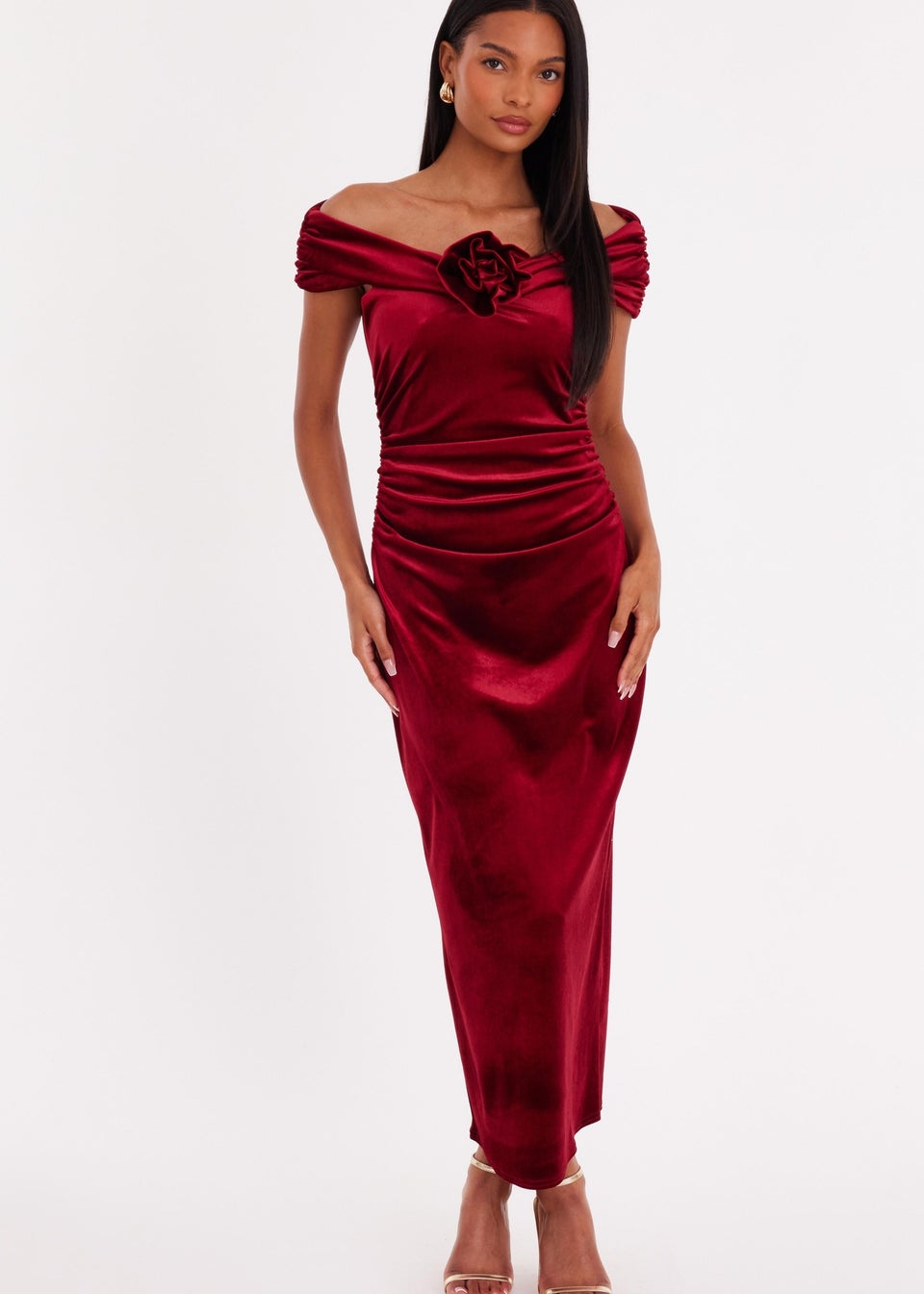 Quiz Burgundy Velvet Corsage Midi Dress