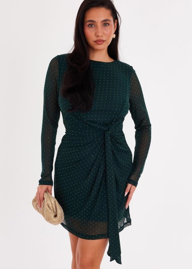 Quiz Green Diamante Mesh Mini Dress