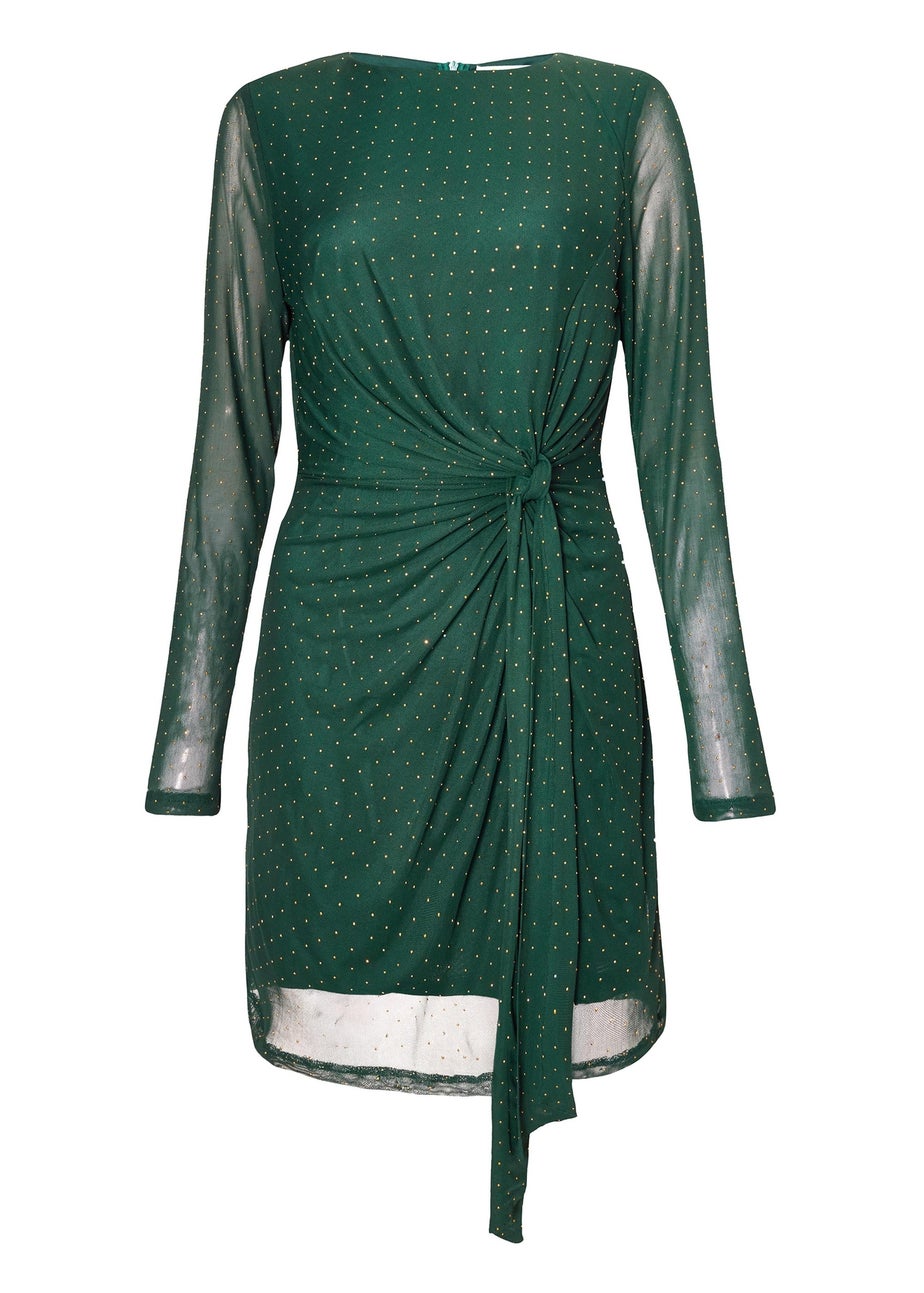 Quiz Green Diamante Mesh Mini Dress